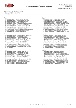 Patriot Fantasy Football League Draft Results 06-Mar-2014 12:40 AM ET