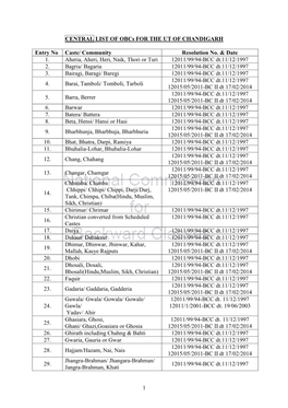 1 CENTRAL LIST of Obcs for the UT of CHANDIGARH Entry No Caste