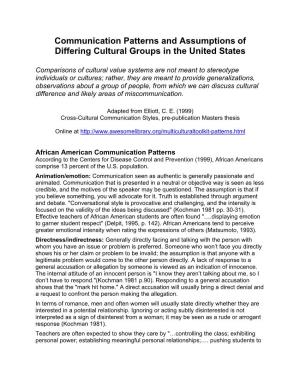 Communication Patterns and Assumptions of Differing Cultural Groups in the United States