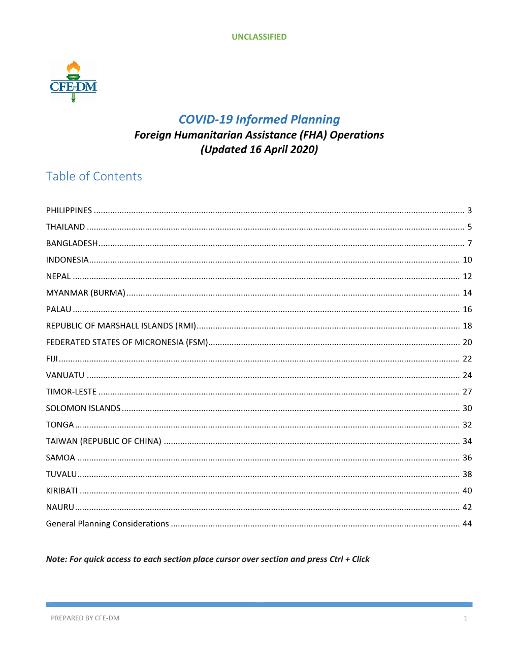 COVID-19 Informed Planning Table of Contents