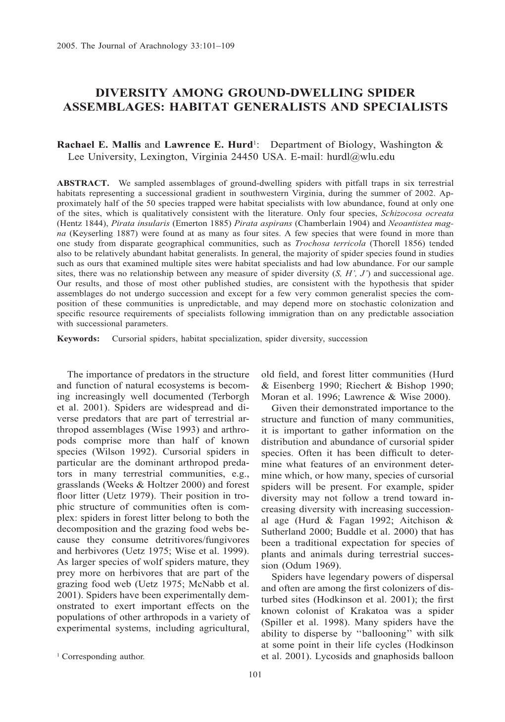 Diversity Among Ground-Dwelling Spider Assemblages: Habitat Generalists and Specialists