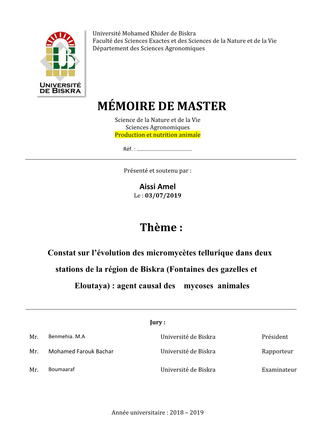 MÉMOIRE DE MASTER Science De La Nature Et De La Vie Sciences Agronomiques Production Et Nutrition Animale