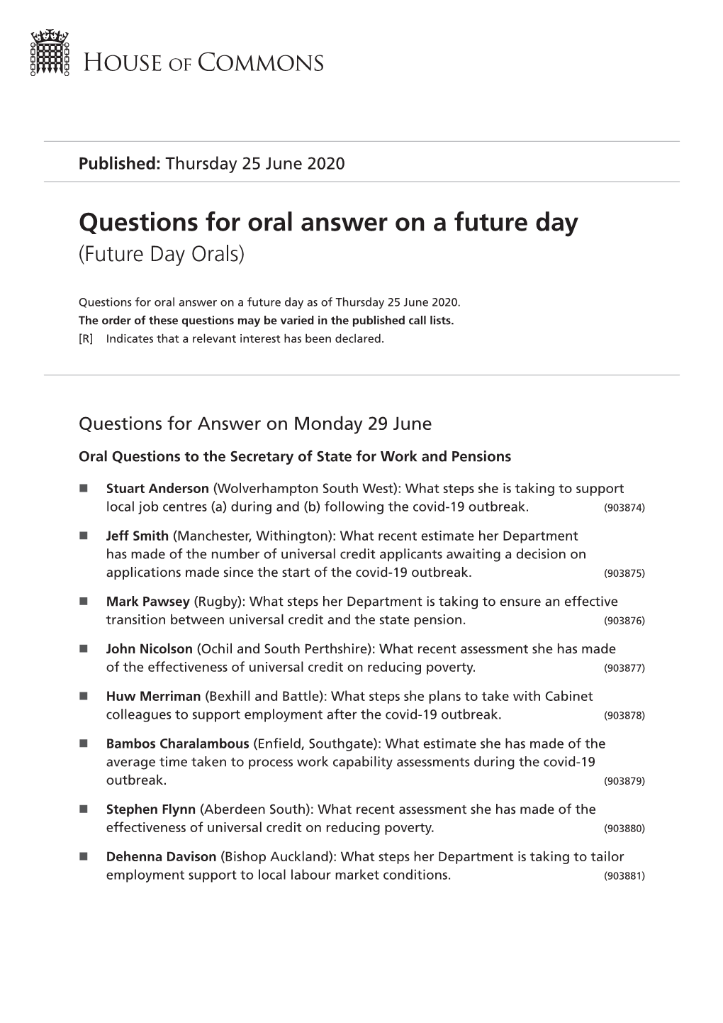 Future Oral Questions As of Thu 25 Jun 2020