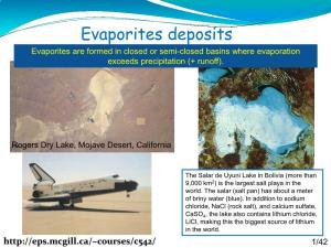 Evaporites Deposits Evaporites Are Formed in Closed Or Semi-Closed Basins Where Evaporation Exceeds Precipitation (+ Runoff)