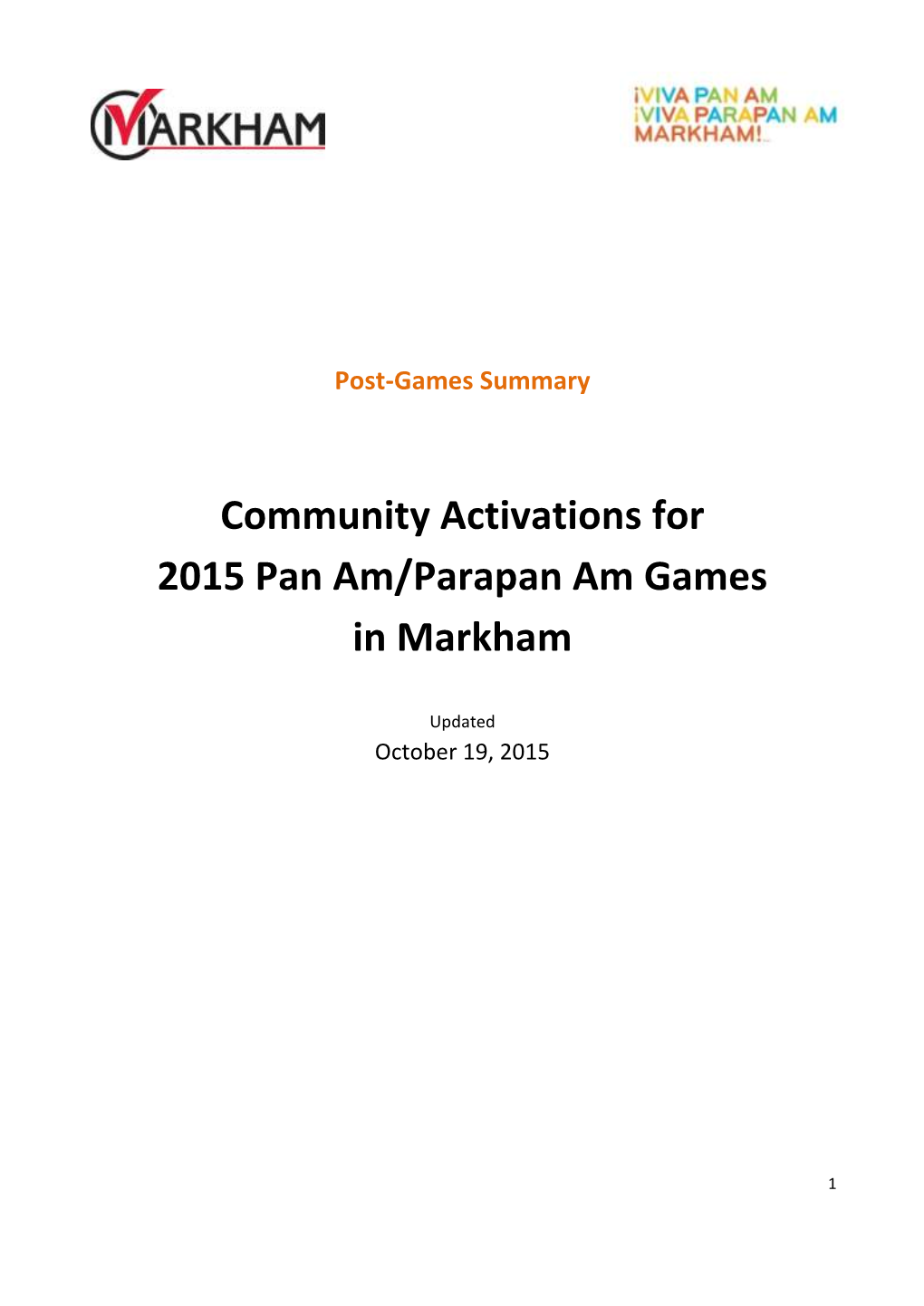 Community Activations for 2015 Pan Am/Parapan Am Games in Markham