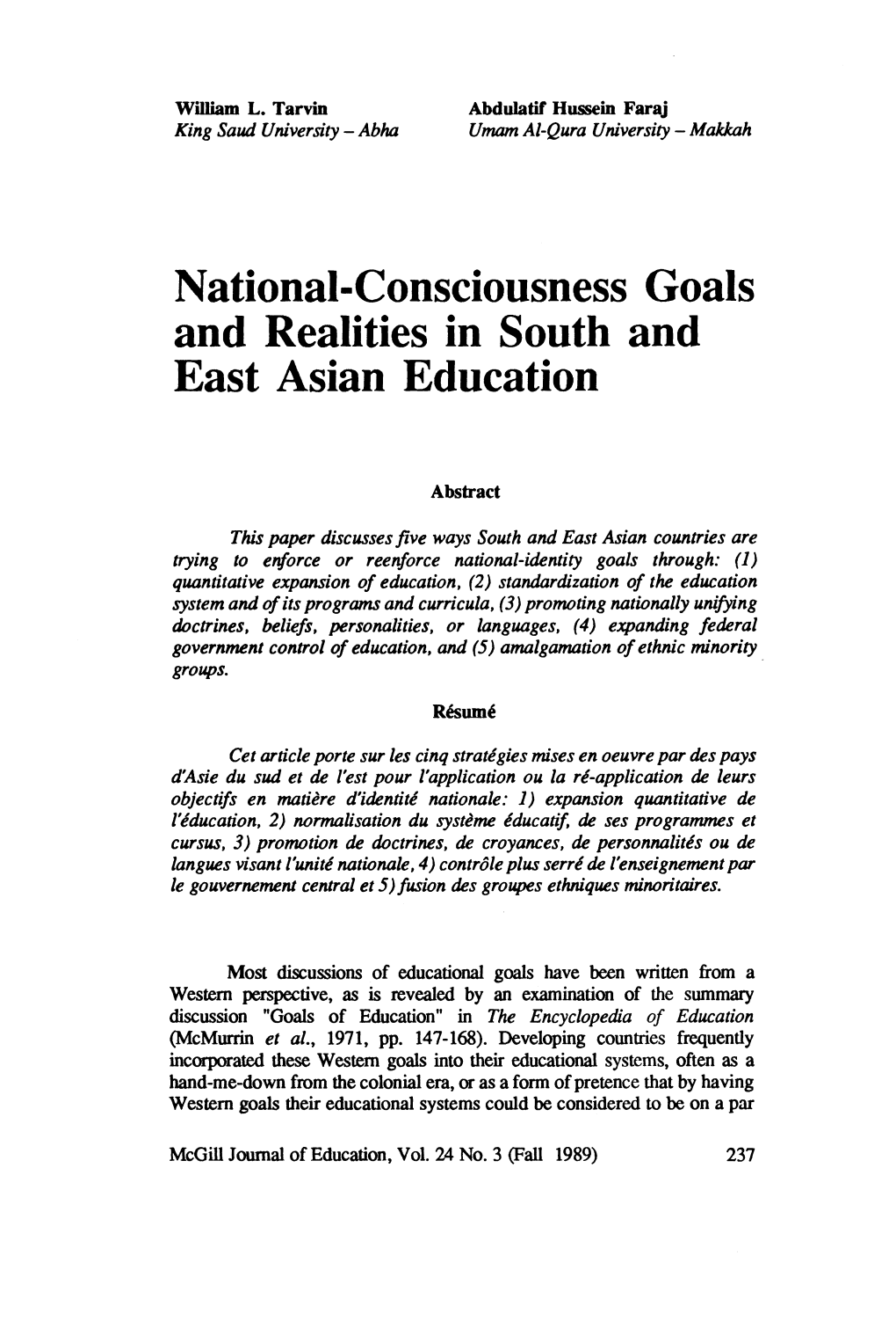 National-Consciousness Goals and Realities in South and East Asian Education