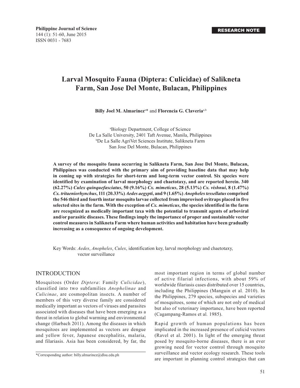 Larval Mosquito Fauna (Diptera: Culicidae) of Salikneta Farm, San Jose Del Monte, Bulacan, Philippines