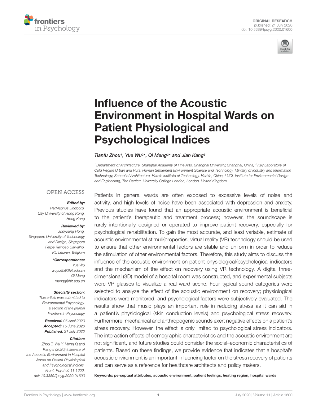 Influence of the Acoustic Environment in Hospital Wards