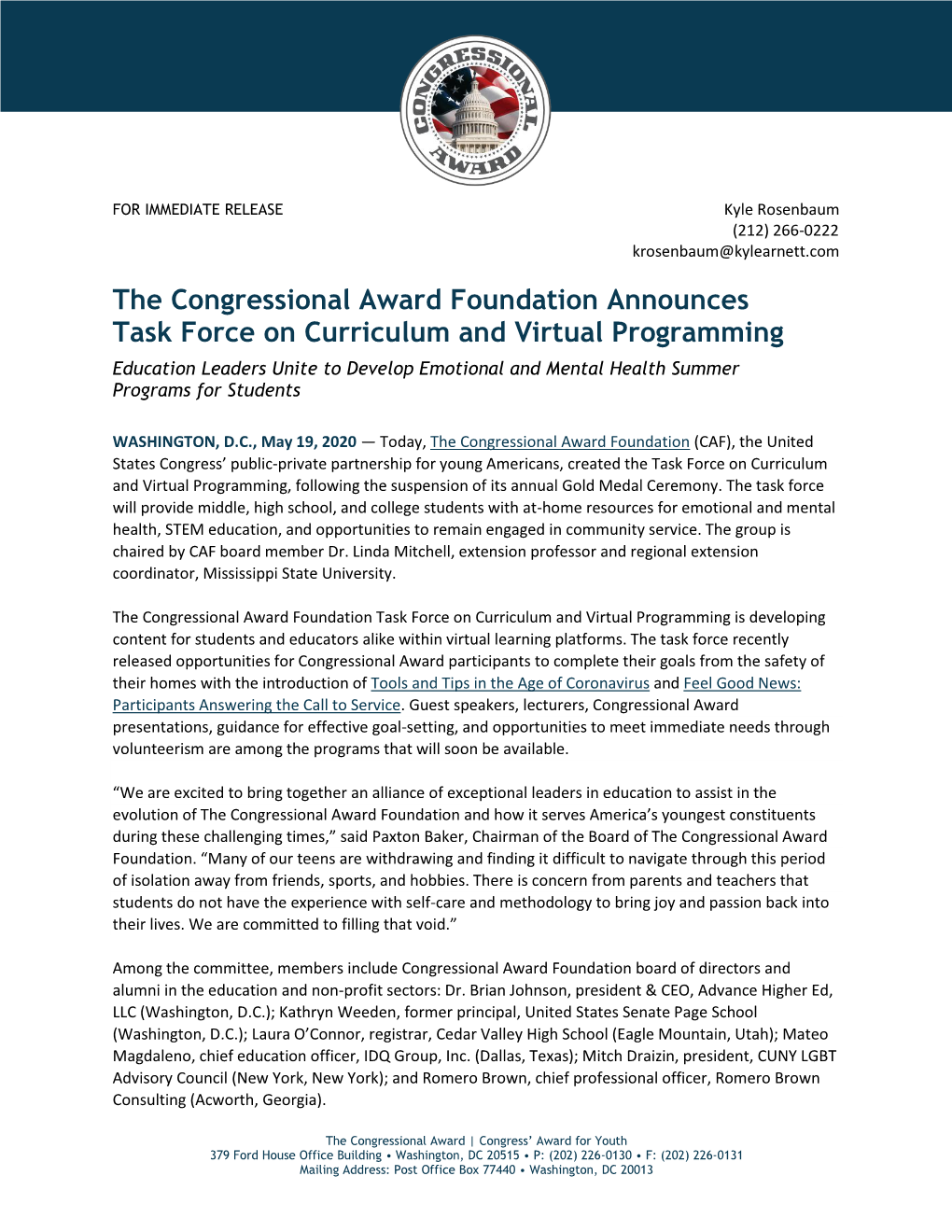 The Congressional Award Foundation Announces Task Force On