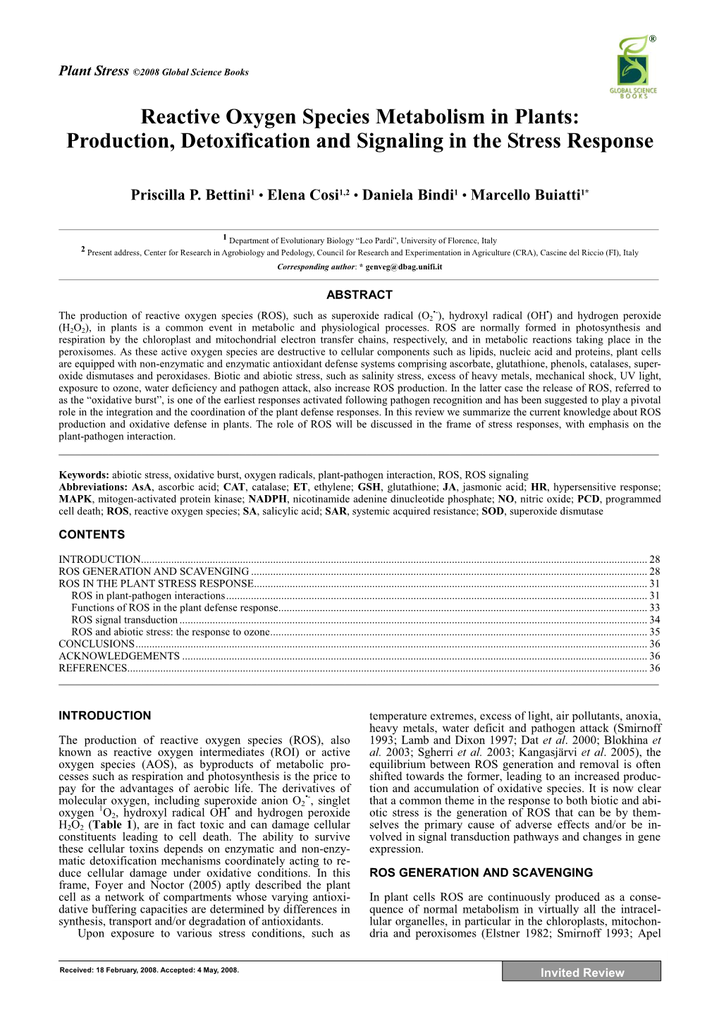 Reactive Oxygen Species Metabolism in Plants: Production, Detoxification and Signaling in the Stress Response