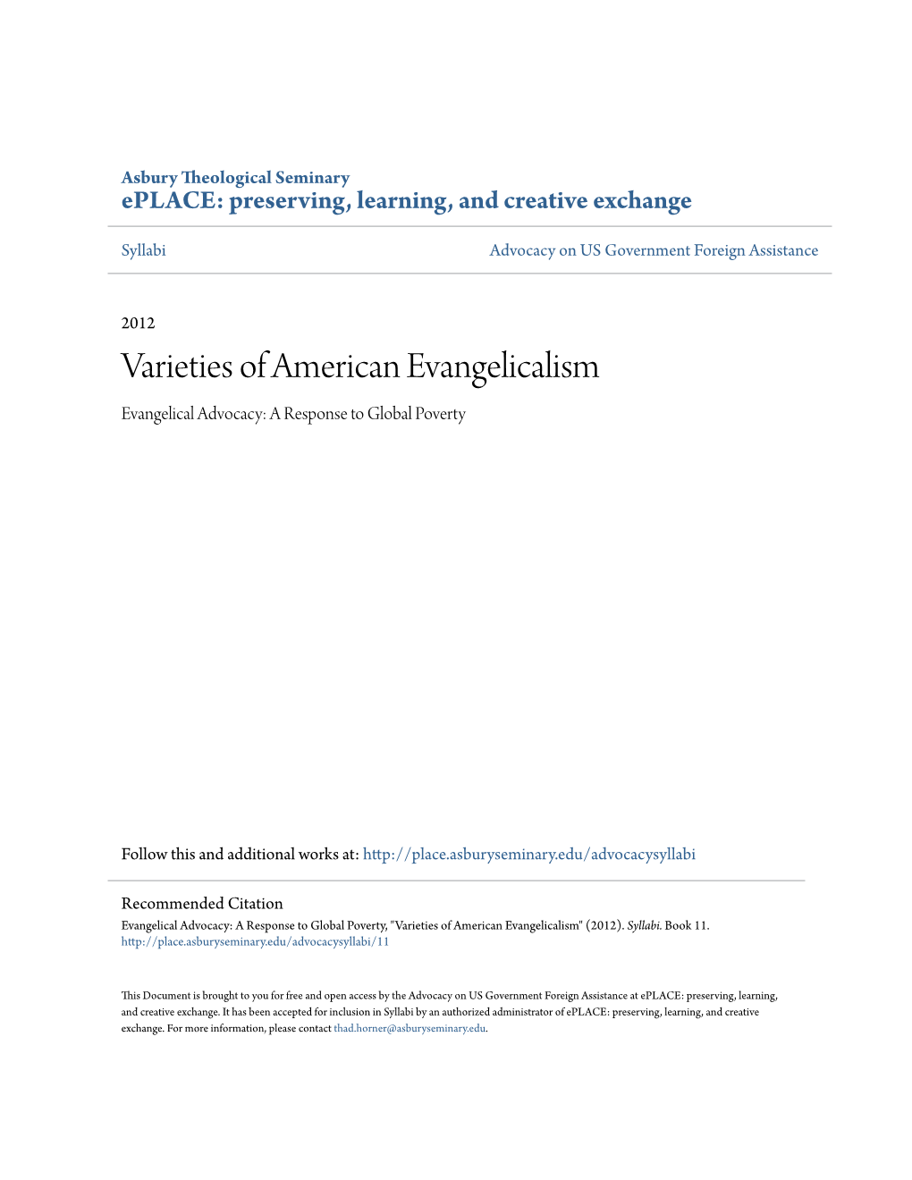 Varieties of American Evangelicalism Evangelical Advocacy: a Response to Global Poverty