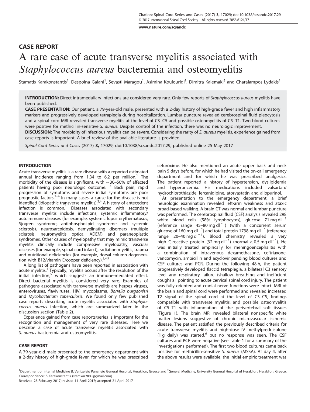 A Rare Case of Acute Transverse Myelitis Associated with Staphylococcus Aureus Bacteremia and Osteomyelitis