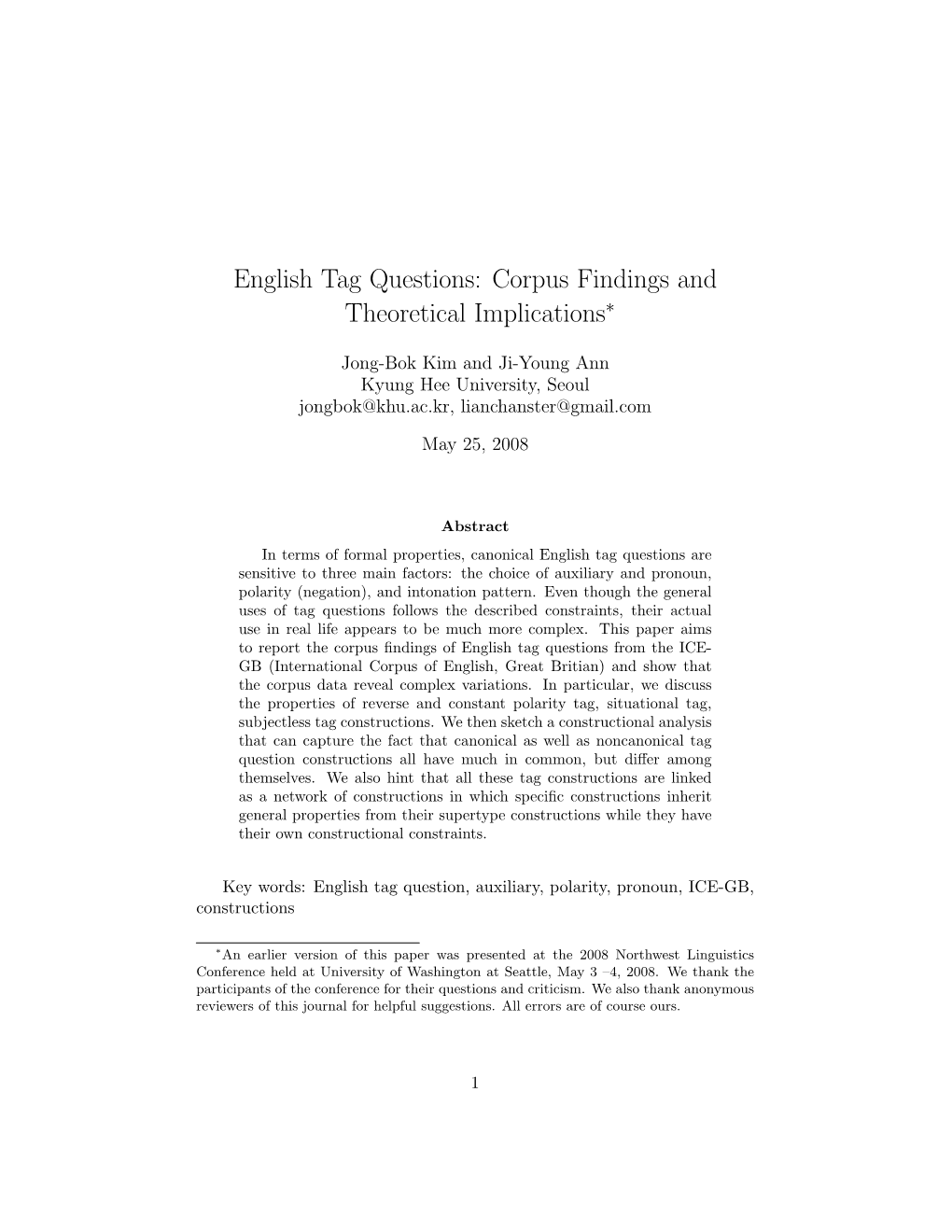 English Tag Questions: Corpus Findings and Theoretical Implications∗