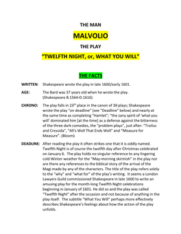 MALVOLIO the PLAY “TWELFTH NIGHT, Or, WHAT YOU WILL”