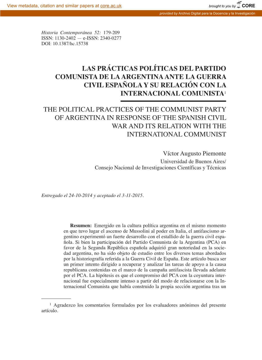 Las Prácticas Políticas Del Partido Comunista De La Argentina Ante La Guerra Civil Española Y Su Relación Con La Internacional Comunista1