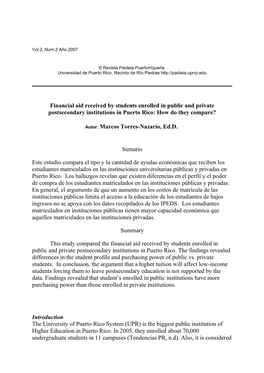 Financial Aid Received by Students Enrolled in Public and Private Postsecondary Institutions in Puerto Rico: How Do They Compare?