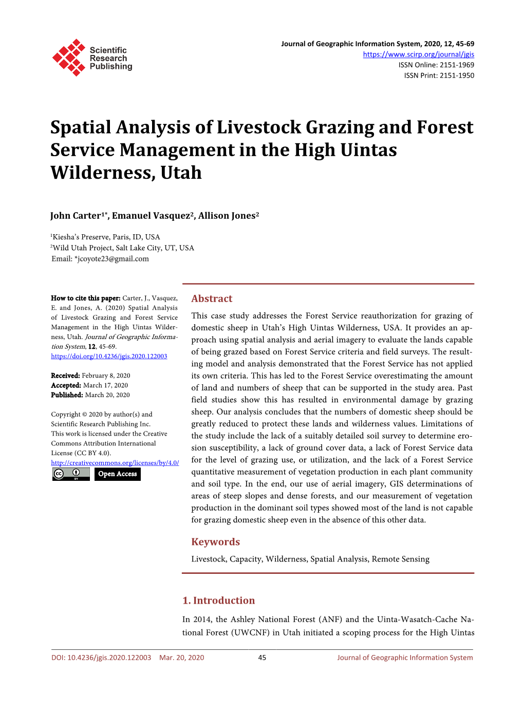 Spatial Analysis of Livestock Grazing and Forest Service Management in the High Uintas Wilderness, Utah