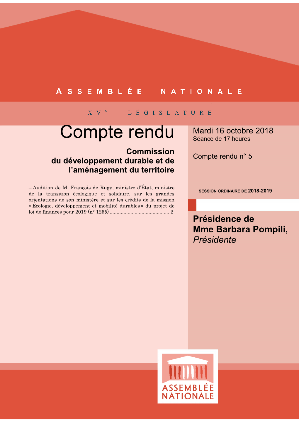 Compte Rendu Séance De 17 Heures Commission Compte Rendu N° 5 Du Développement Durable Et De L’Aménagement Du Territoire