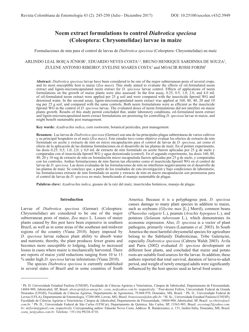 Neem Extract Formulations to Control Diabrotica Speciosa (Coleoptera: Chrysomelidae) Larvae in Maize