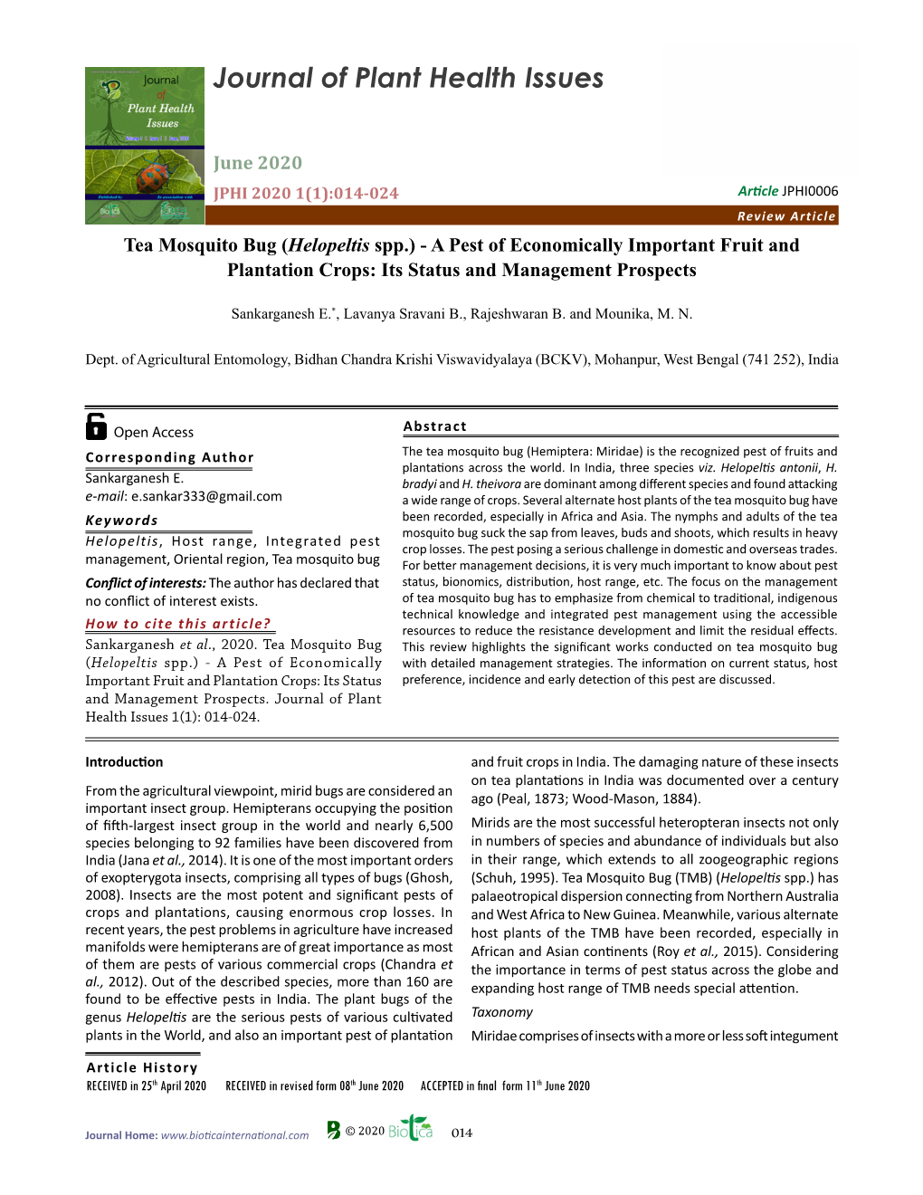 Journal of Plant Health Issues DOI:XXXXXXXXXXXXXX