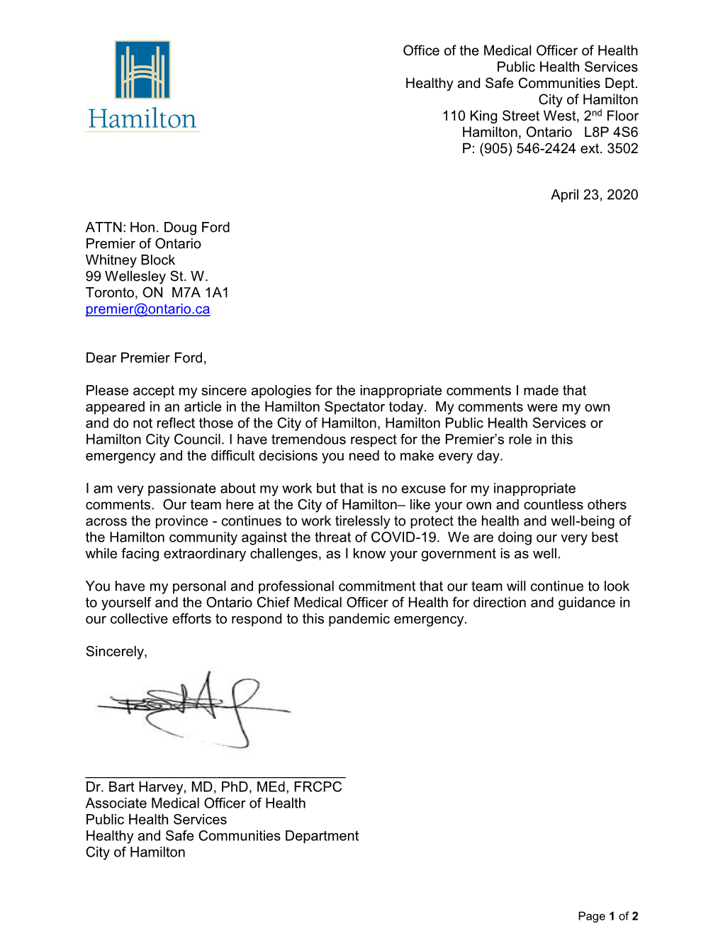 Letter to Premier Doug Ford from Dr. Bart Harvey, Associate Medical