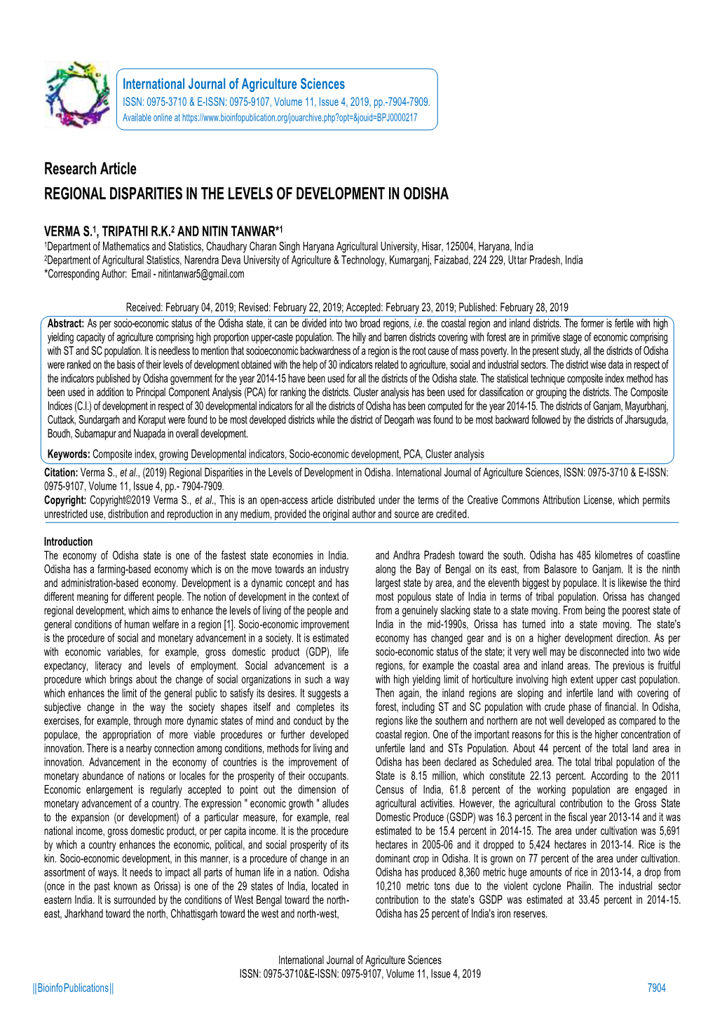 Research Article REGIONAL DISPARITIES in the LEVELS of DEVELOPMENT in ODISHA