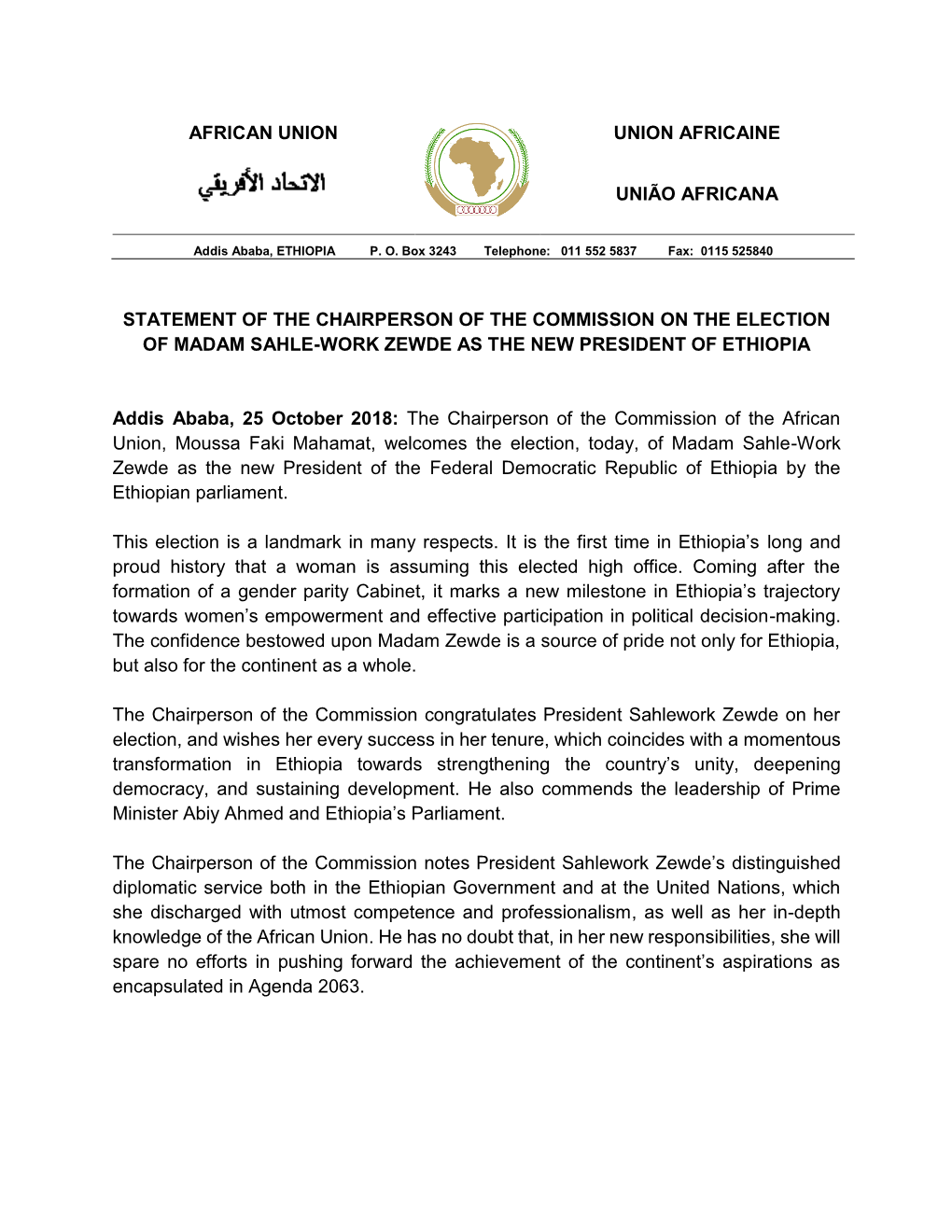 Statement of the Chairperson of the Commission on the Election of Madam Sahle-Work Zewde As the New President of Ethiopia