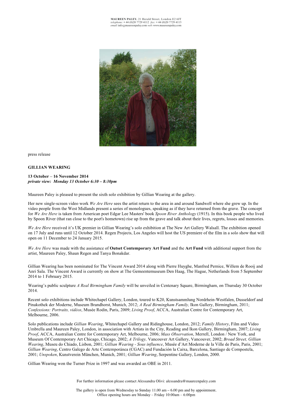 Press Release GILLIAN WEARING 13 October