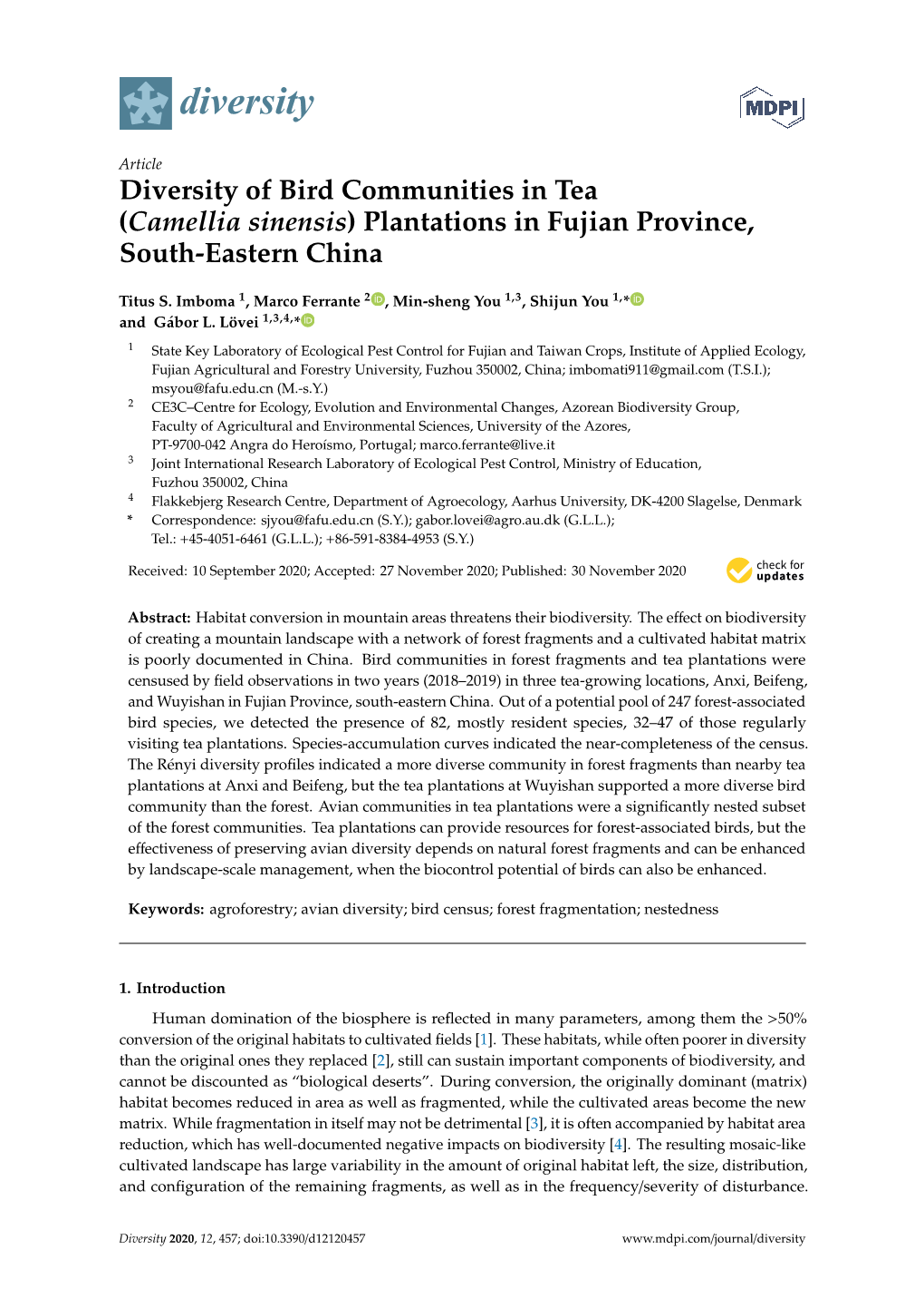 Diversity of Bird Communities in Tea (Camellia Sinensis) Plantations in Fujian Province, South-Eastern China