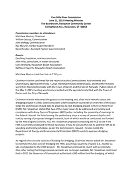 Five Mile River Commission June 11, 2015 Meeting Minutes the Boardroom, Rowayton Community Center 33 Highland Ave., Rowayton, CT 06853