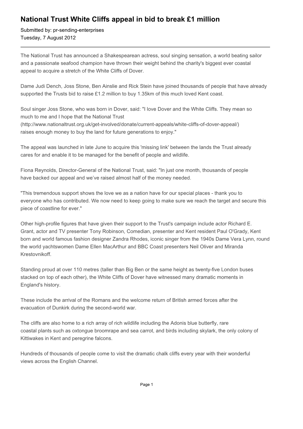 National Trust White Cliffs Appeal in Bid to Break £1 Million Submitted By: Pr-Sending-Enterprises Tuesday, 7 August 2012