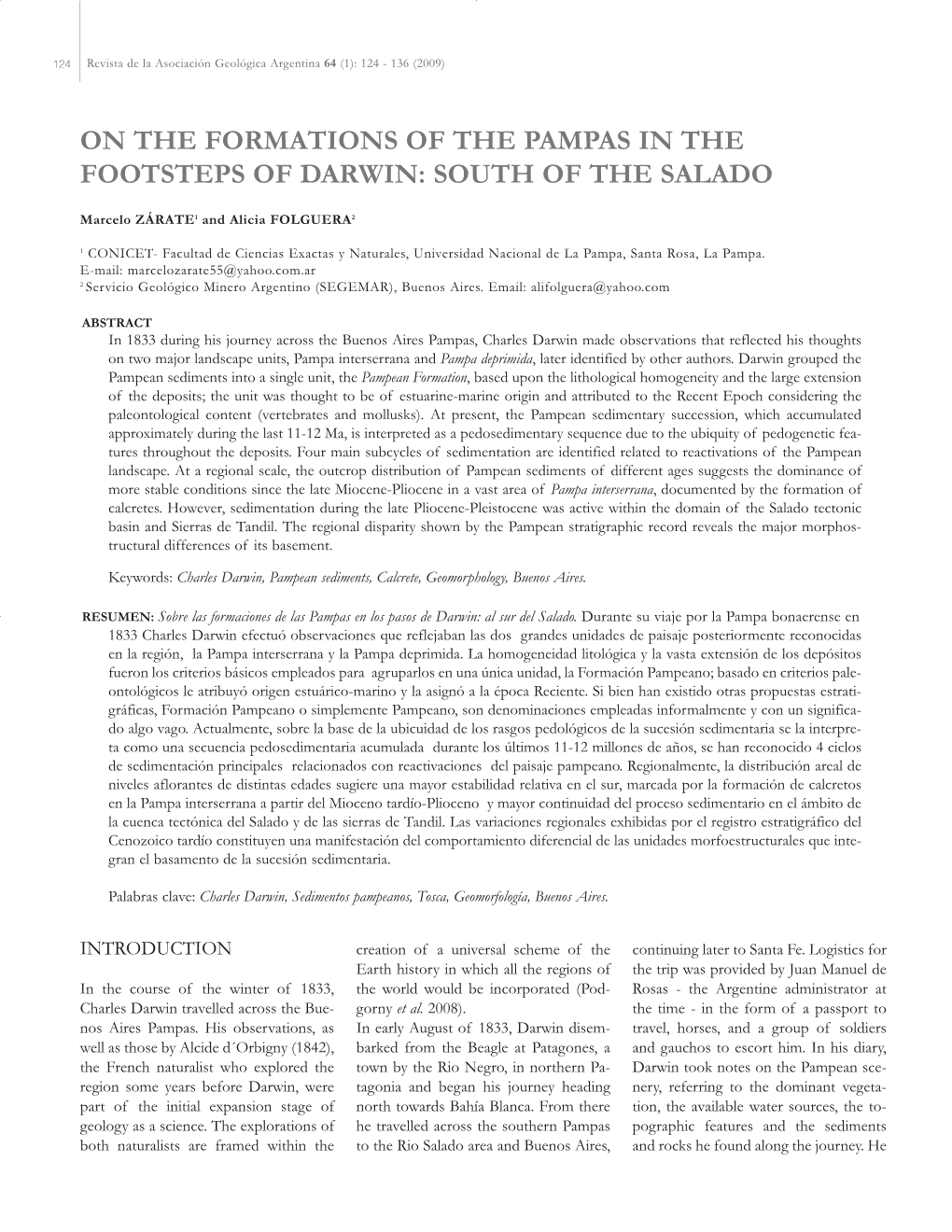 On the Formations of the Pampas in the Footsteps of Darwin: South of the Salado