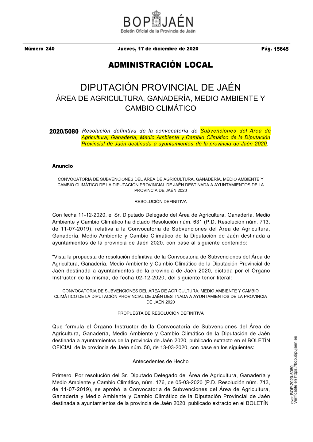 Diputación Provincial De Jaén Área De Agricultura, Ganadería, Medio Ambiente Y Cambio Climático