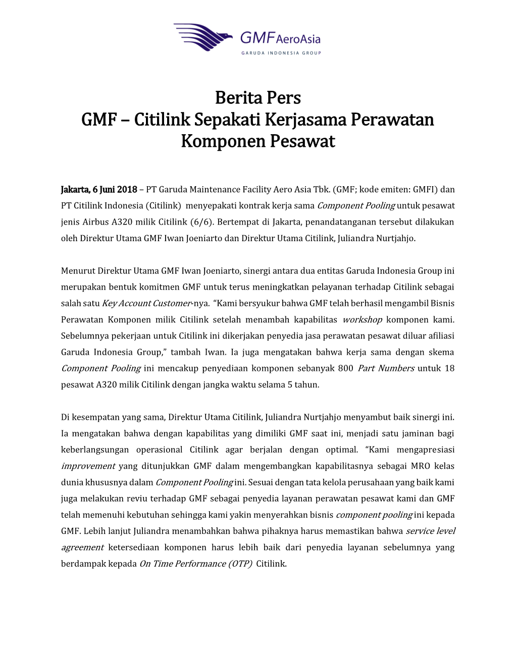 Berita Pers GMF – Citilink Sepakati Kerjasama Perawatan Komponen Pesawat