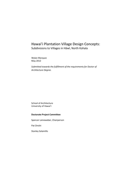 Hawai'i Plantation Village Design Concepts