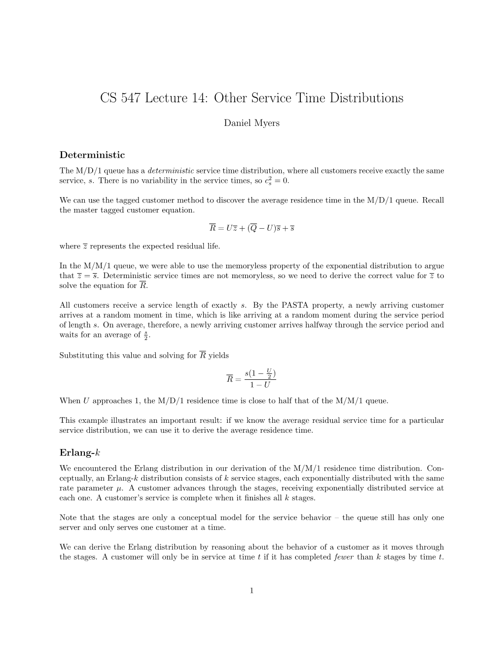 CS 547 Lecture 14: Other Service Time Distributions