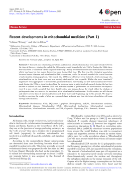 Recent Developments in Mitochondrial Medicine (Part 1)