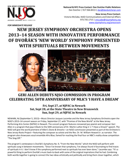 New Jersey Symphony Orchestra Opens 2013–14 Season with Innovative Performance of Dvořák’S ‘New World’ Symphony Presented with Spirituals Between Movements