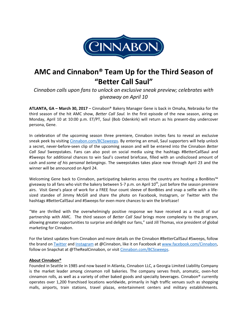 AMC and Cinnabon® Team up for the Third Season of “Better Call Saul”