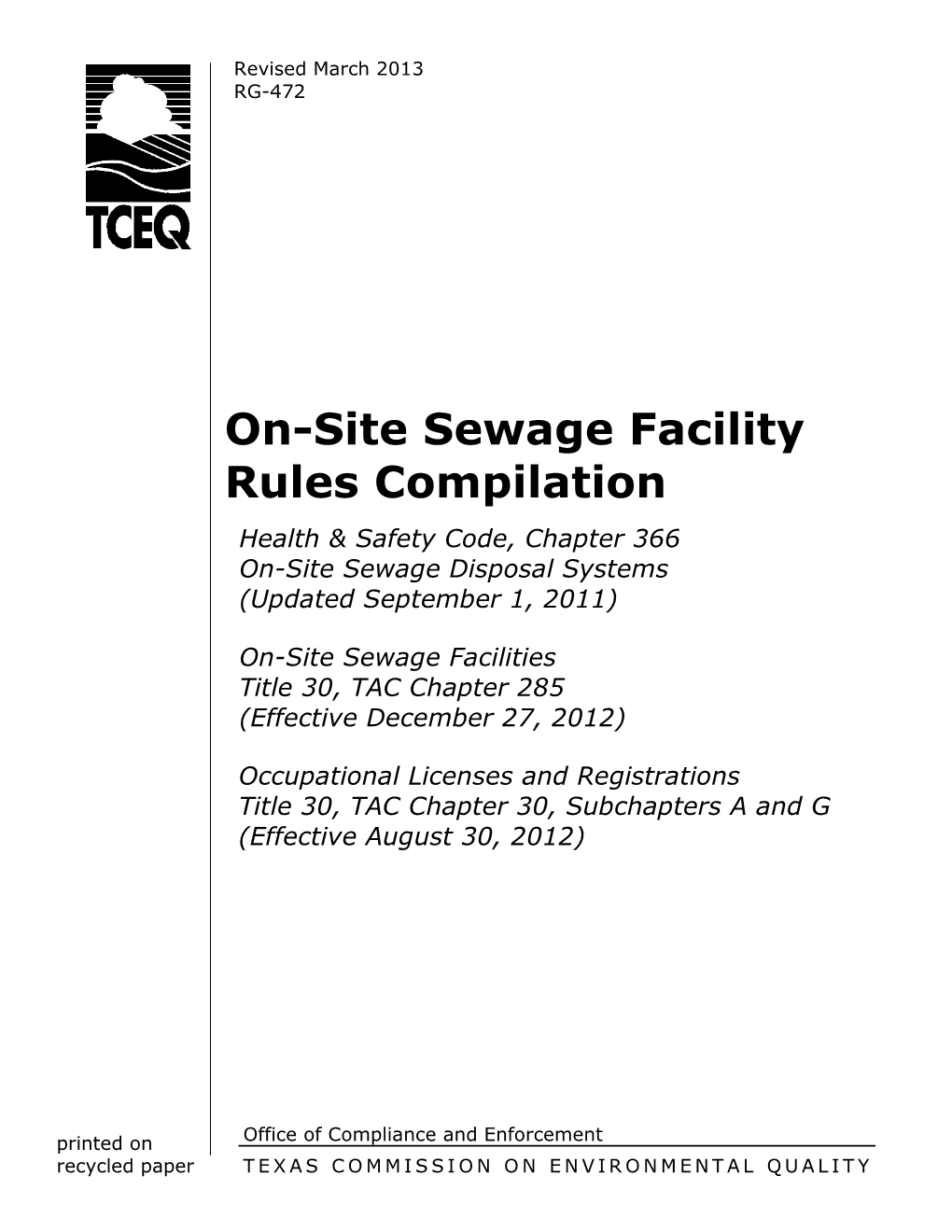 On-Site Sewage Facilities Title 30, TAC Chapter 285 (Effective December 27, 2012)