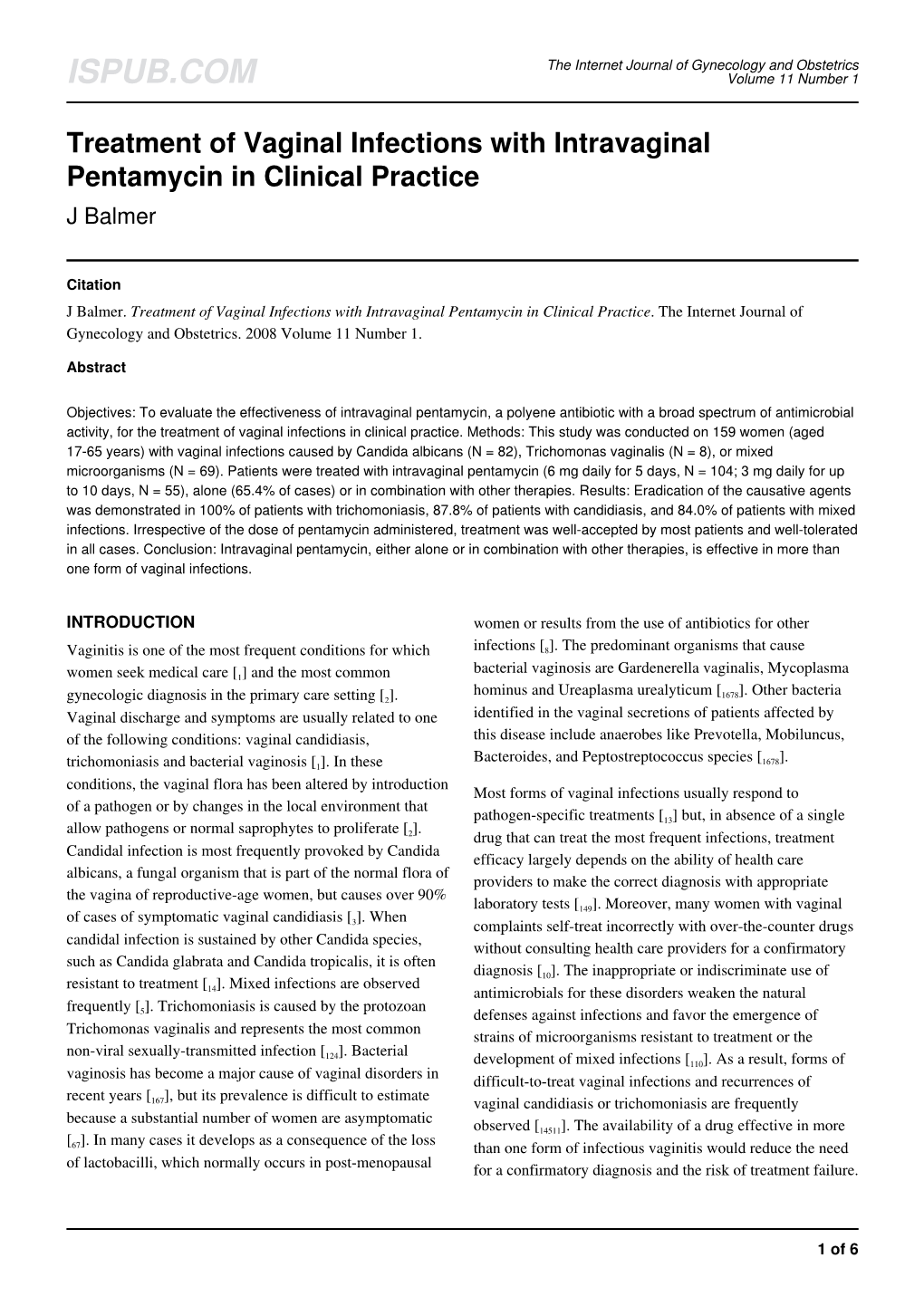 Treatment of Vaginal Infections with Intravaginal Pentamycin in Clinical Practice J Balmer