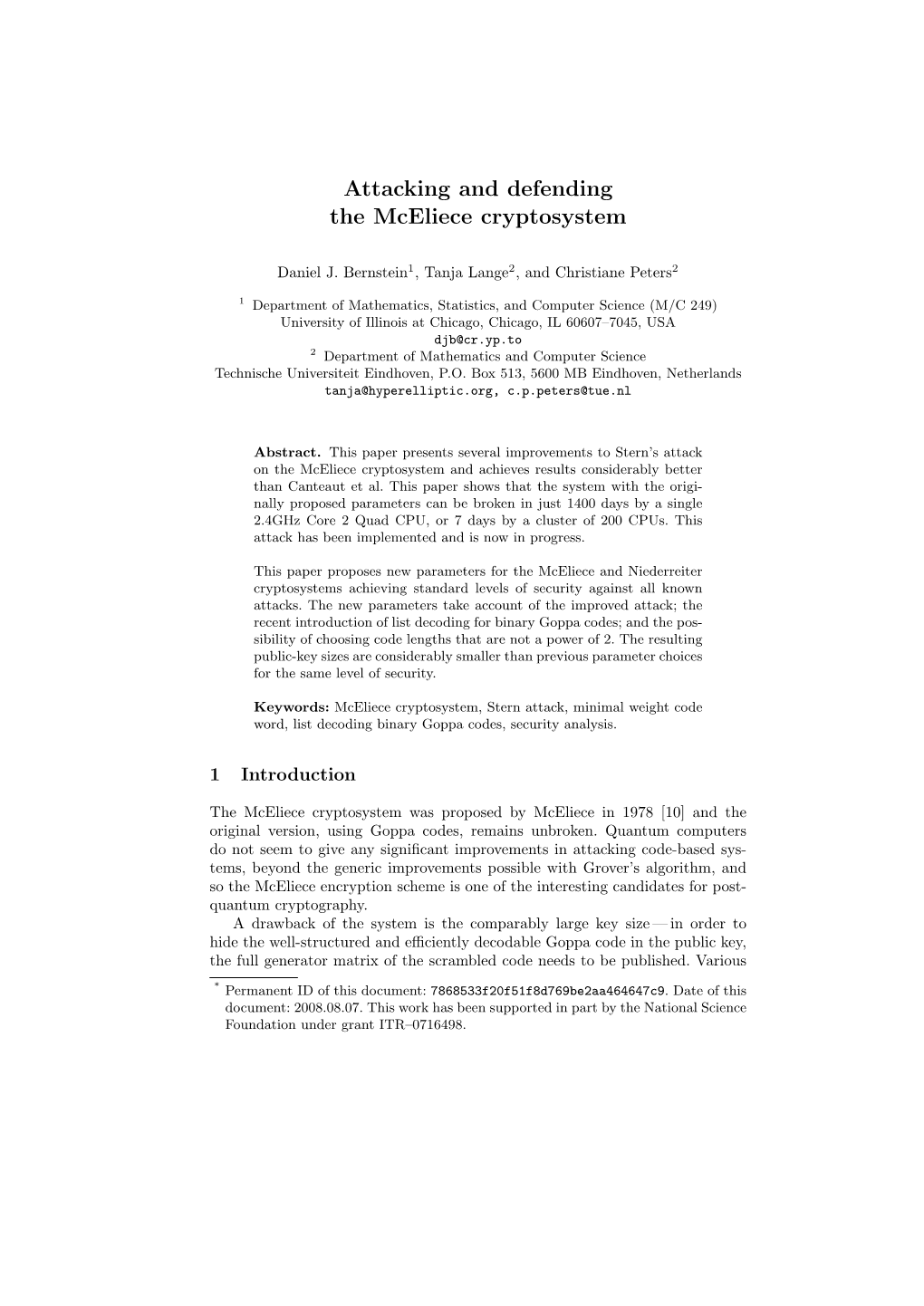 Attacking and Defending the Mceliece Cryptosystem