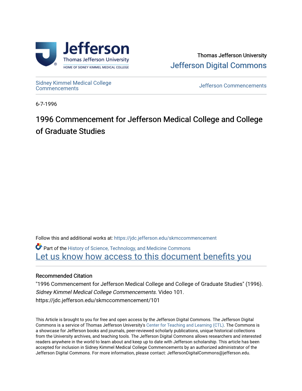 1996 Commencement for Jefferson Medical College and College of Graduate Studies