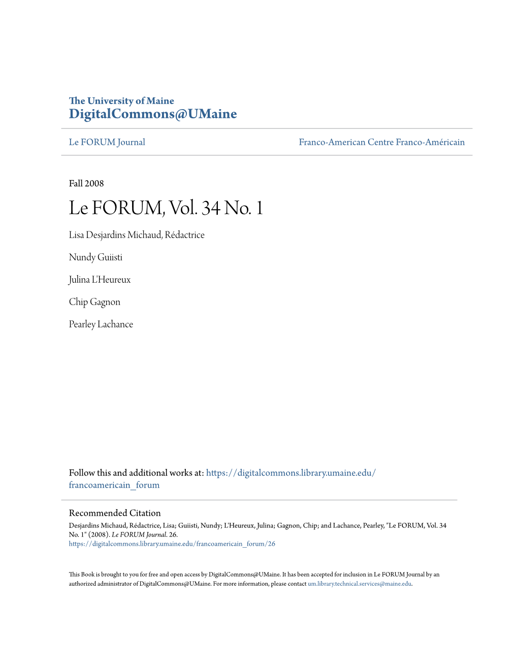 Le FORUM, Vol. 34 No. 1 Lisa Desjardins Michaud, Rédactrice