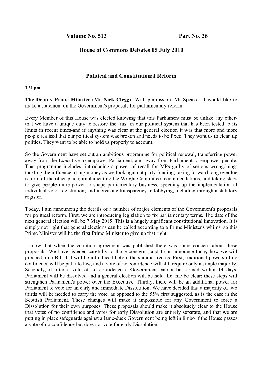 Volume No. 513 Part No. 26 House of Commons Debates 05 July 2010