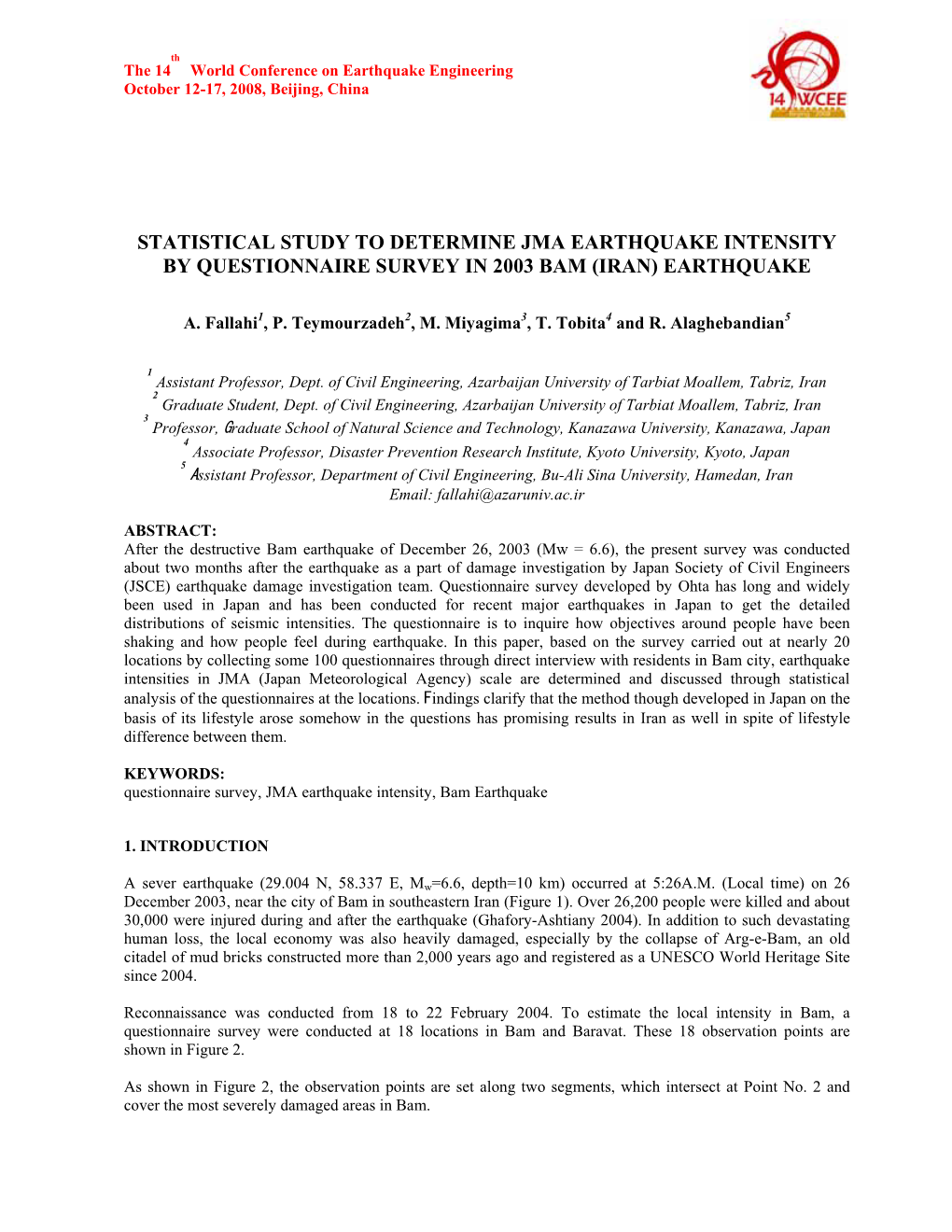 Statistical Study to Determine Jma Earthquake Intensity by Questionnaire Survey in 2003 Bam (Iran) Earthquake