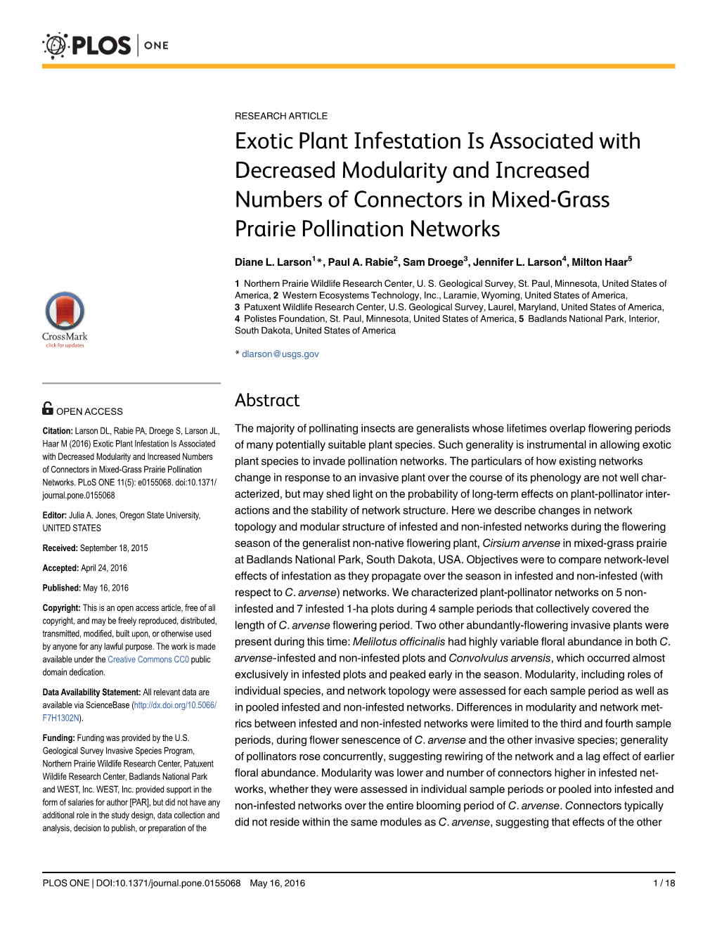 Exotic Plant Infestation Is Associated with Decreased Modularity and Increased Numbers of Connectors in Mixed-Grass Prairie Pollination Networks