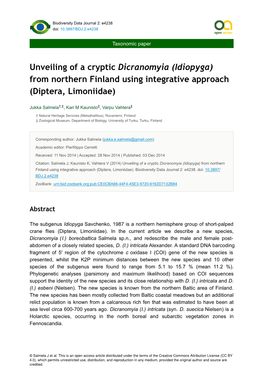 Unveiling of a Cryptic Dicranomyia (Idiopyga) from Northern Finland Using Integrative Approach (Diptera, Limoniidae)