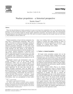 Nuclear Propulsionfa Historical Perspective Stanley Gunn*,1 P.O