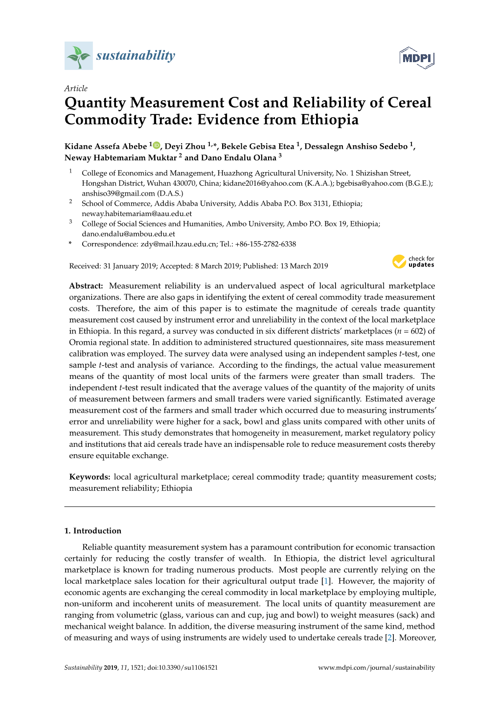 Quantity Measurement Cost and Reliability of Cereal Commodity Trade: Evidence from Ethiopia